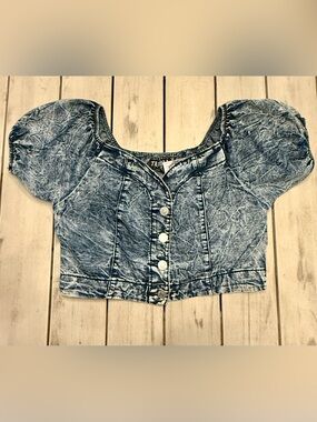 THRILL Jeans Crop Top Denim Jacket Acid Wash Puff Sleeve Corset Style NWT Size L